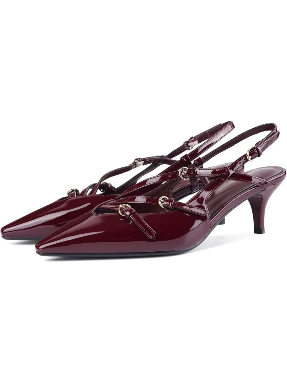 Women's Burgundy Slingback Kitten Pointed Closed Toe Pumps Low Stiletto Heels